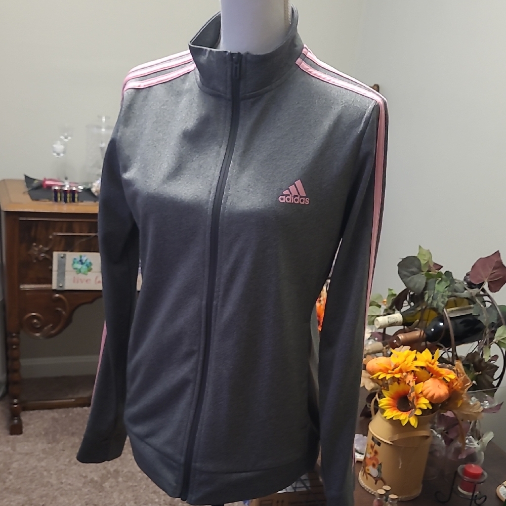 Adidas Women's Dark Gray Jacket with Pink Stripes